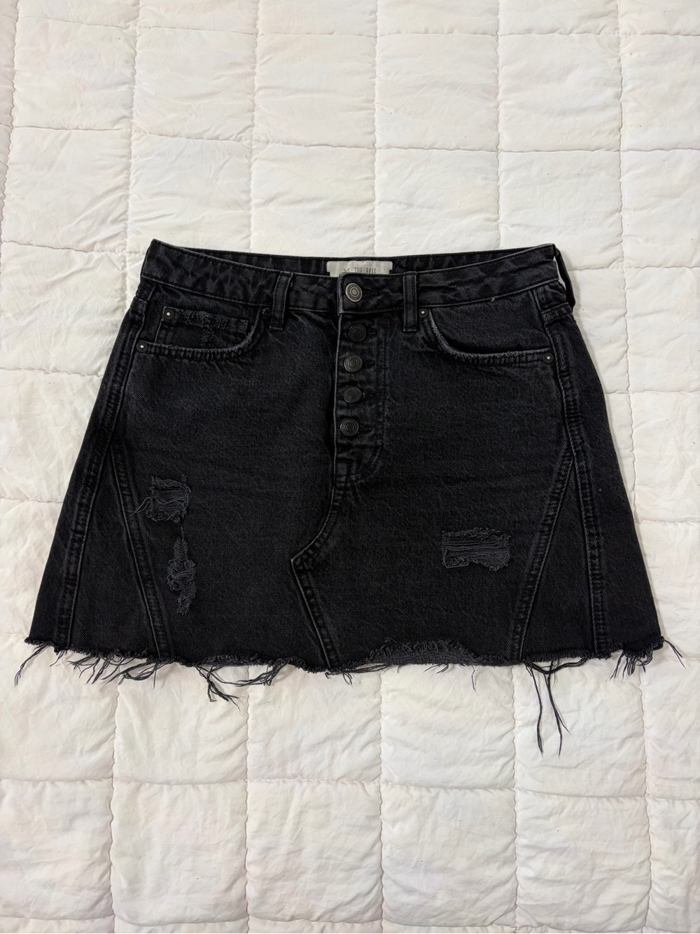 We The Free Black Distressed Button-Front Denim Mini Skirt